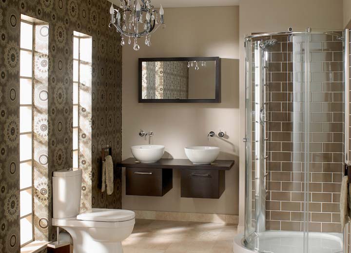 Wallpapered interior home bathroom