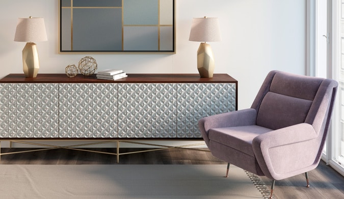 Pastels coloured accent couch and dresser in interior office